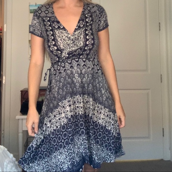 Patrons of Peace Blue and White Wrap Midi Dress - Picture 1 of 3
